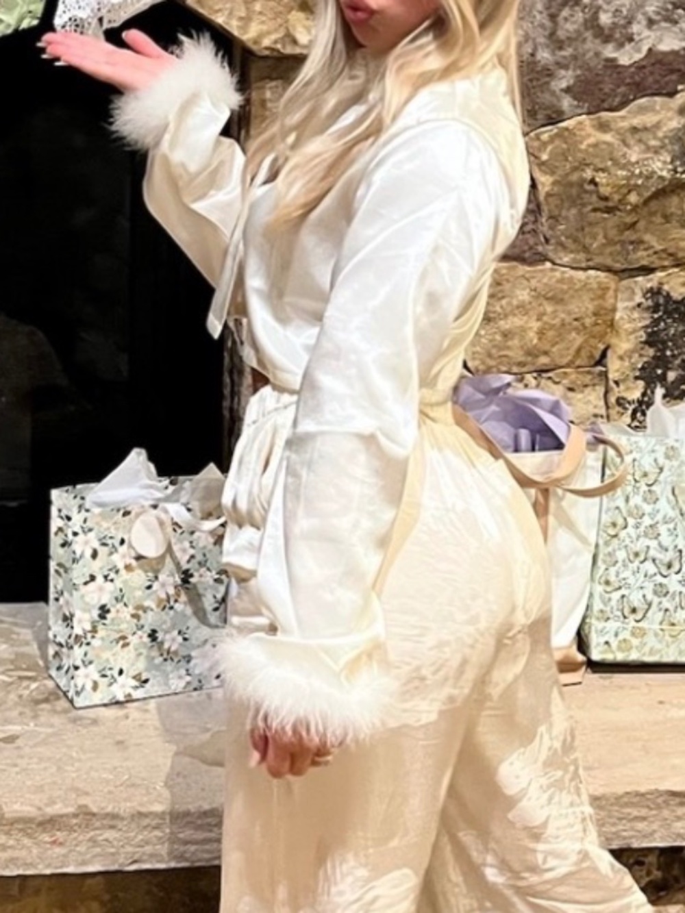 Edikted Ivory Satin Button-Up Shirt with Feather-Trim Cuffs